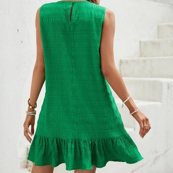 Green Preppy Womens Solid Ruffle Hem Smock Dress - Picture 2 of 5